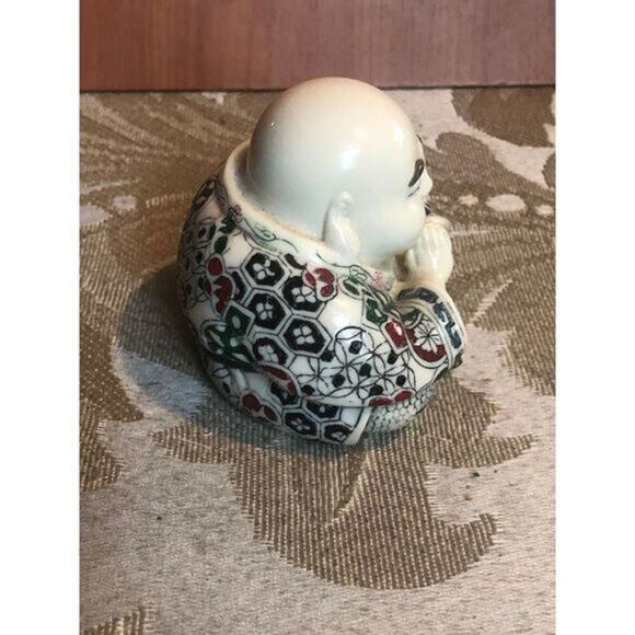 Vintage Ceramic Happy Buddha Figurine Asian Decor Geometric Pattern Decoration - Picture 2 of 5